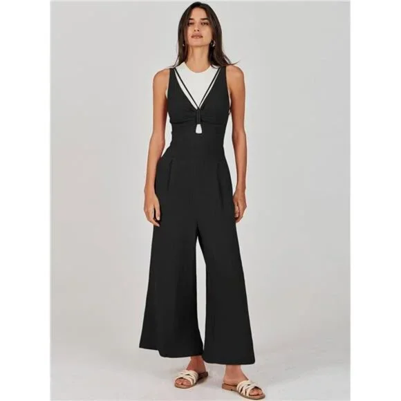 Women's Summer Wide Leg Linen Jumpsuit V Neck Sleeveless Casual Pants Romper